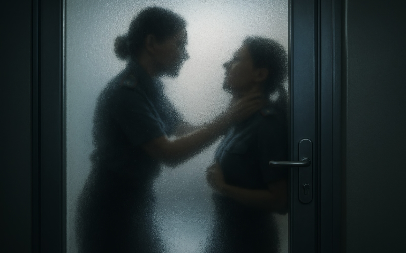 Силуэты двух женщин в полицейской форме за матовой дверью во время конфликта