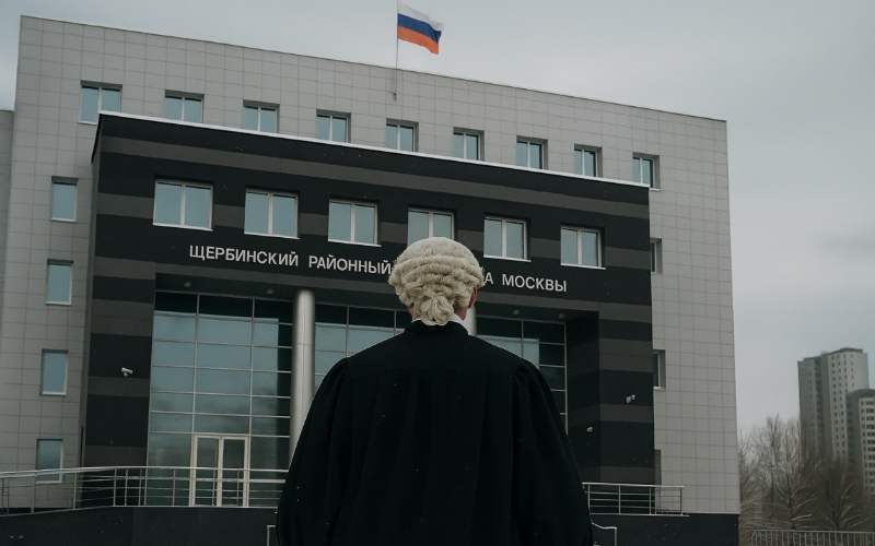 Силуэт судьи в мантии на фоне здания районного суда